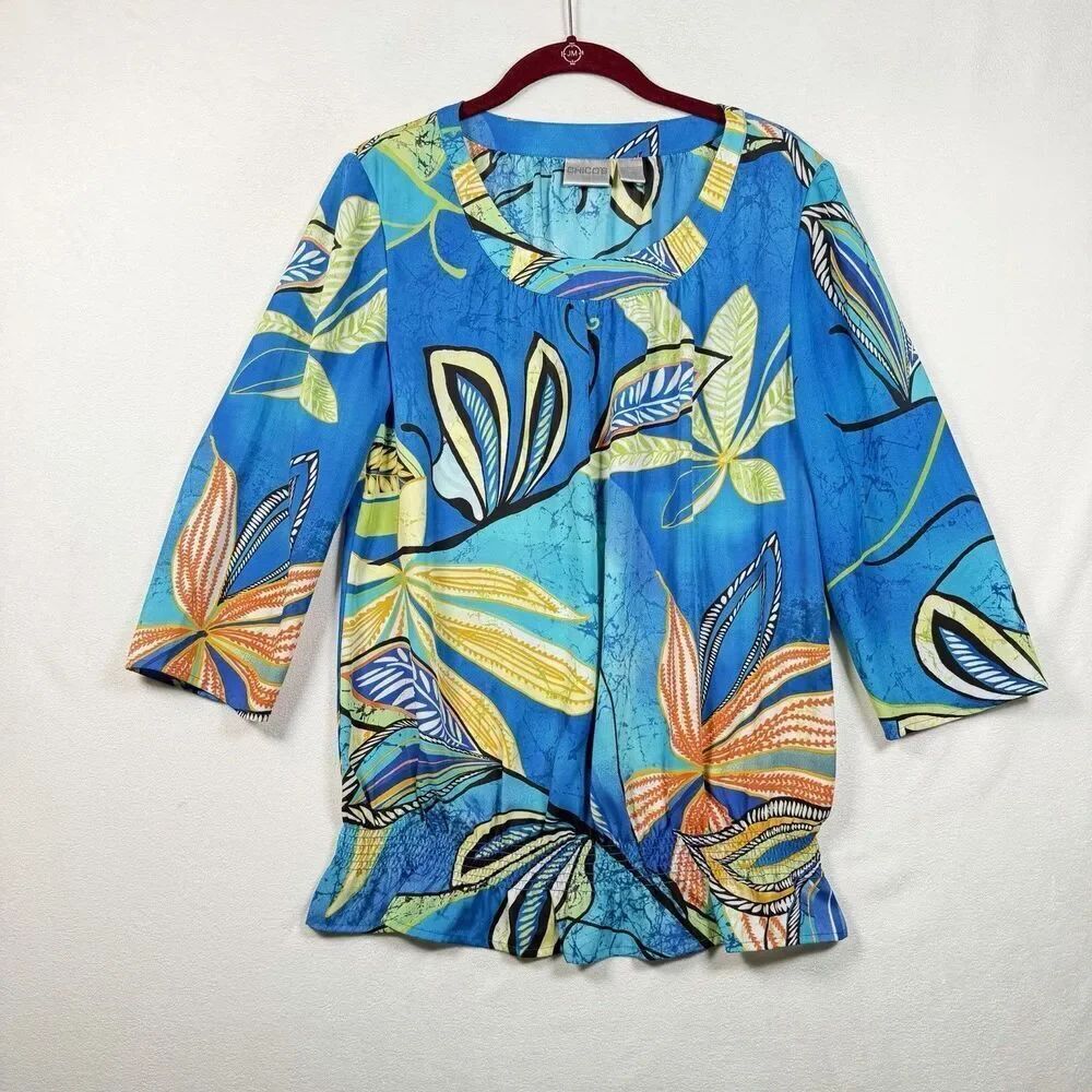 Chico’s Size 1 Blue Tropical Floral Abstract Top Smocked Hem 3/4 Sleeve Blouse